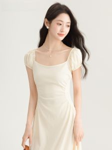 La Chabell French Square Collar Slim Looking Puff Sleeve Dress Womens Summer New Arrival Womens Clothing Pure Color Waist-Slimming Long Dress