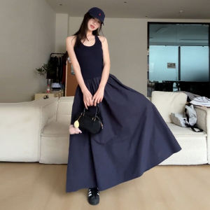 unifittoo | Navy Blue Elegant V-Neck Summer New Chinese Style Layered Waist Cinching Maxi Dress