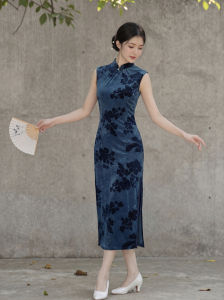 Retro Blue Floral Fit And Breathable New Spring Summer Sleeveless Daily Chinese Style Cheongsam Dress