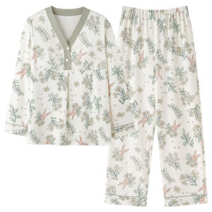 Miiow | Pure Cotton Maternity Nightgown Womens Summer New Style Outwear Home Clothes Feeding With Chest Pad Country Girl Style Long Sleeve V-Neck