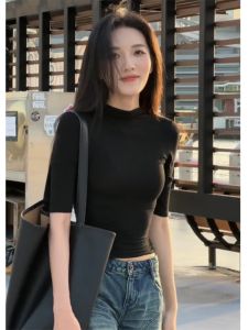 Slim Fit Short Sleeve T-Shirt Women Early Autumn Design Sense Fashionable Half Sleeve Top High Collar Trendy Style Half Shoulder