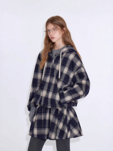 Fano | Áo Hoodie Knit Plaid Phong Cách với Fleece Hỗn Hợp Ấm Áp