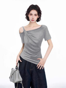 BAIDAIFEI | Gray Asymmetric Off-shoulder Short Sleeve Summer Slim-fitting Top