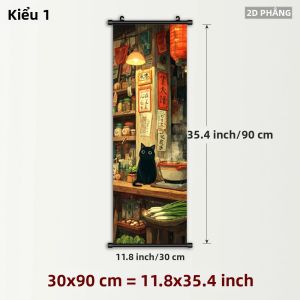 VIKAMA Little Black Cat Ramen Cuộn Tấm Thảm Retro Cửa Hàng Mì Mèo Treo Tường Cho Phòng Ăn Nhà Bếp Trang Trí Nhà Chống Thấm Nước Chống Bụi Bẩn Polyester