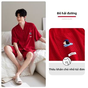 JIALEFEN | Bộ Đồ Ngủ Mùa Hè Cotton Đỏ Nam