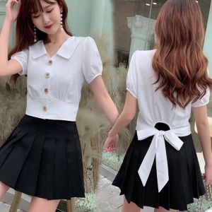 White V-neck Short Sleeve Shirt Womens Summer Retro Hong Kong Style French  Short Top Design Sensation Niche Market