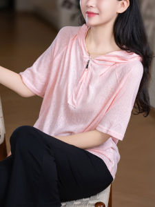 XIAOER | Casual Snow Cotton Hooded Short Sleeve T-shirt with Stylish Lines and Zipper