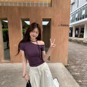 Áo Thun Nữ Dáng Ôm Hở Vai Tay Ngắn Cổ Chéo Gợi Cảm Mùa Hè Mới Dáng Thon Gọn Eo Thắt Lưng Áo Thun Cotton Phong Cách Công Sở