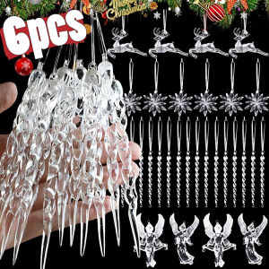 6pcs Clear Crystal Snowflake Hanging Pendants / Acrylic Xmas Tree Ornament / Crystal Snowflake Icicle Hanging Pendants / Christmas Party Decor Accessories