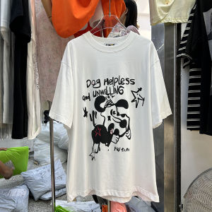 Slimming Printed Foam T-Shirt Short Sleeve Womens Summer Loose Midi Length Cover Butt Fashionable Top Thin Style Commute