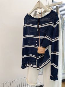 Lightweight Hollow out Ice Silk Knitted Long Sleeve T-Shirt Womens Summer New Style Thin Stripe Design Casual Comfortable Top