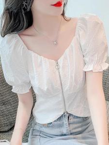 NUANKONG | Square Collar Chiffon Short Sleeve Stylish Asymmetrical Blouse