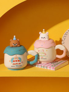 Ceramic Birthday Cake Design Mug Adorable Ceramic Mugs for Women High Aesthetic Value Practical Gift for Besties Couple Mugs with Lid