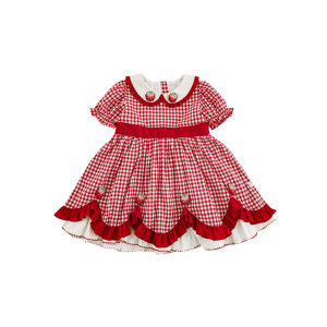 Romantic Lolita Style Strawberry Doll Dress for Girls Red And White Grids Summer Casual Cotton Blend Skirt Middle Waist Short Sleeve