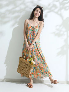 Miccbeirn | Silk Satin Print Strapless Long Dress Summer Vacation Beach Style Loose Waist No Sleeve Plant Floral Patterned Over-Knee Gown