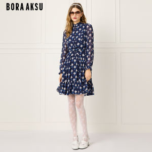 Bora Aksu Early Spring New French Style Bubble Sleeve Flounce Neck Print Dress Polyester Fiber Natural Waist H Shape Long Sleeve