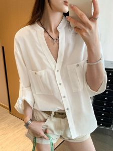 Casual Loose White Shirt Womens High Collar Design Commute Thin Style V-neck Loose Fit Regular Sleeve Length Pure Color