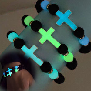 Natural Volcanic Stone Bead Luminous Cross Bracelet Yoga Healing Glow In The Dark Couple Bracelet Men Women Lover Jewelry Gift