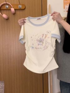 เสื้อยืดแขนสั้นลายการ์ตูนสไตล์เกาหลีสำหรับผู้หญิง ทรงเข้ารูป ผ้าฝ้ายผสมไนลอน ทรงเข้ารูป ทรงเข้ารูป แขนสั้น คอกลม