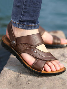 SHIPAILUO | Mens Summer Sandals Breathable Leather Beach Shoes Casual Dad Slip-On Anti-Slip Fashionable Slippers Comfortable Soft Sole