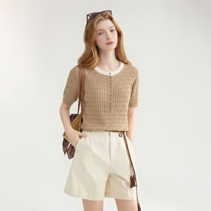 Blue Button Round Neck Short Sleeve New Summer Knitwear