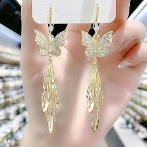 Elegant Long Butterfly Tassel Earrings Fresh out Fashion Design Slimming for round Faces Super Fairy Tale Quality Alloy Jewelry