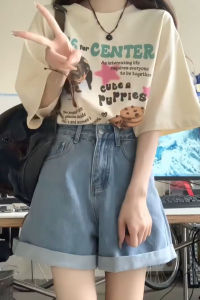 2024 Summer New round Neck Loose Casual Cartoon Animal T-shirt Tops + High Waist Slim Looking Denim Shorts Suit