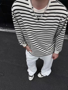 Áo Thun Nam Tay Dài Dáng Rộng Phong Cách Thường Ngày Mùa Thu Thiết Kế Sọc Trắng Cổ Tròn Chất Liệu Polyester Thời Trang Hợp Thời Trang
