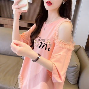 Summer New Loose Large Size Womens T-shirt Lace Splice Shoulder Exposure Short Sleeve Printed Casual Style Mid-Length Top