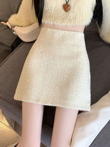 Shiny White Sequin Wool High Waist Mini Skirt Womens Autumn Winter New Style Slimming Anti-Light A-Line Short Skirt