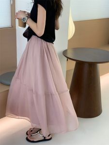 Feita Cinnamon Pink Mesh Skirt Womens Spring Summer Lightweight Slim A-Line Midi Skirt Casual High Waist Polyester Fiber