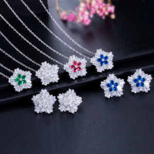 SEQUITO Elegant Women Jewelry Set Silver Plated Full Paved Setting White Blue AAA Cubic Zircon Snowflake Pendant Necklace Stud Earrings for Daily Party Wear SJ297
