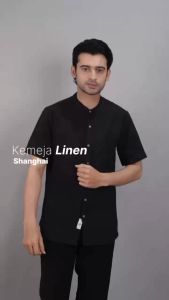 Swipe Up Kemeja Koko Pria Kerah Shanghai Katun Linen Lengan Pendek