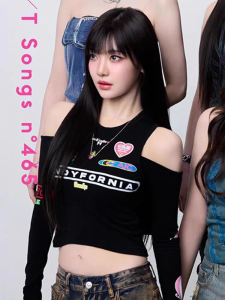 Aespa Ning Artistic Long Sleeve T-Shirt Womens Short Style Spicy Girl American Upper Body Print Slim Fit round Neck Summer Regular Thickness