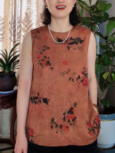 QINGNAER | Stylish Age-defying New Large-sized Floral Print Retro Sleeveless Shirt