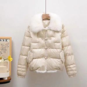 Áo Khoác Phao Nữ Cổ Lông Cáo Thật Kiểu Dáng Rộng Màu Trắng Cổ Điển Chất Liệu Lông Vũ Giữ Ấm Phong Cách Đường Phố Áo Khoác Ngoài Mùa Đông