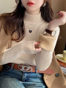 Womens Thickened Half-High Collar Knitted Sweater Winter Fashion Slim Fit One-Piece Velvet Base Shirt Inner Wear 2025 New Style