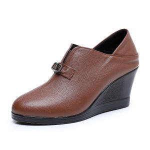 Comfortable Leather Work Shoes High Heel Slope Follow Fashionable Pointed Toe Deep Mouth Business Lady Shoes British Style PU Lining