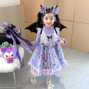 ชุดเดรสถักนิตติ้งฤดูใบไม้ร่วง/ฤดูหนาวสำหรับเด็กผู้หญิง ชุดเดรส Lollipop Princess Dress ชุดเดรสผ้าฝ้ายคอวีแขนยาว