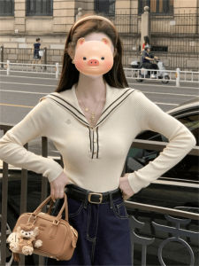 BINKAFENNY | Slim Fit Long Sleeve Knitted Navy Collar Top For Women Early Autumn Inner Wear Short Style Base Layer Shirt College Style