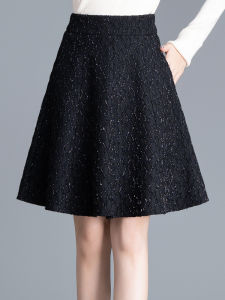 Shiny Thread Womens Midi Skirt High Waist A-Line Short Skirt Pocket Large Swing Skirt Korean Style Commute Pure Color