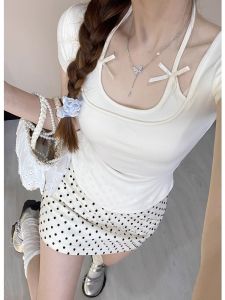 เสื้อยืดแขนสั้นผู้หญิงทรงเข้ารูปสไตล์ใหม่ฤดูร้อนพร้อมโบว์ผีเสื้อ ผ้าฝ้ายผสมยางยืด เสื้อชั้นในลำลอง คอตุ้มกลม