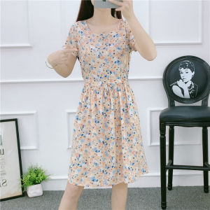 Bohemian Print Cotton Silk Midi Dress Womens Vest Dress Sweet Style High Waist A-Line Skirt Short Sleeve round Neck Dress