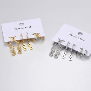18K Gold Plated Stainless Steel Infinite Eternity Hoop Earrings Fashion Rhinestone Hoop Earrings Jewelry for Women 3Pair/Set