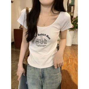 Pure Cotton Short Sleeve T-Shirt Women Summer Slim Fit Low Neck Design Sensation Small Audience Bone Exposure Top