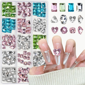 15Grids Multicolor Nail Art Rhinestones Mixed Square Heart Round Glass Diamond Nails Charms Sparkling Gemstone for DIY Manicure