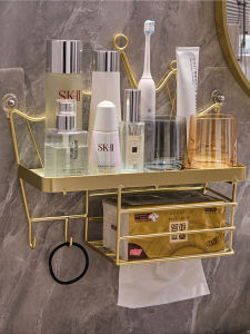 No Drilling Bathroom Shelf Decorative Toilet Washroom Vanity Countertop Wall Mounted Cosmetic Storage Solution Iron Material