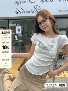 Summer White Butterfly Print Short Sleeve T-Shirt Womens Pure Cotton Slim Fit Short Style Top Korean Version Commute Style