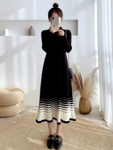 พลัสไซส์ สไตล์ขี้เกียจกึ่งสูง ปกเสื้อ หลวม ถัก เดรส ผู้หญิง ฤดูใบไม้ร่วง ฤดูหนาว พรางหุ่น เอฟเฟกต์แขนยาวดูอ่อนเยาว์ แม็กซี่เดรส