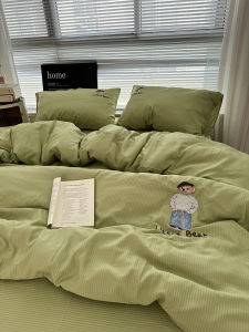 Korean Style  Embroidered Bear Mr. Washed Cotton Light Blue Bedding Set Student Three-Piece Quilt Cover Sheet Set
